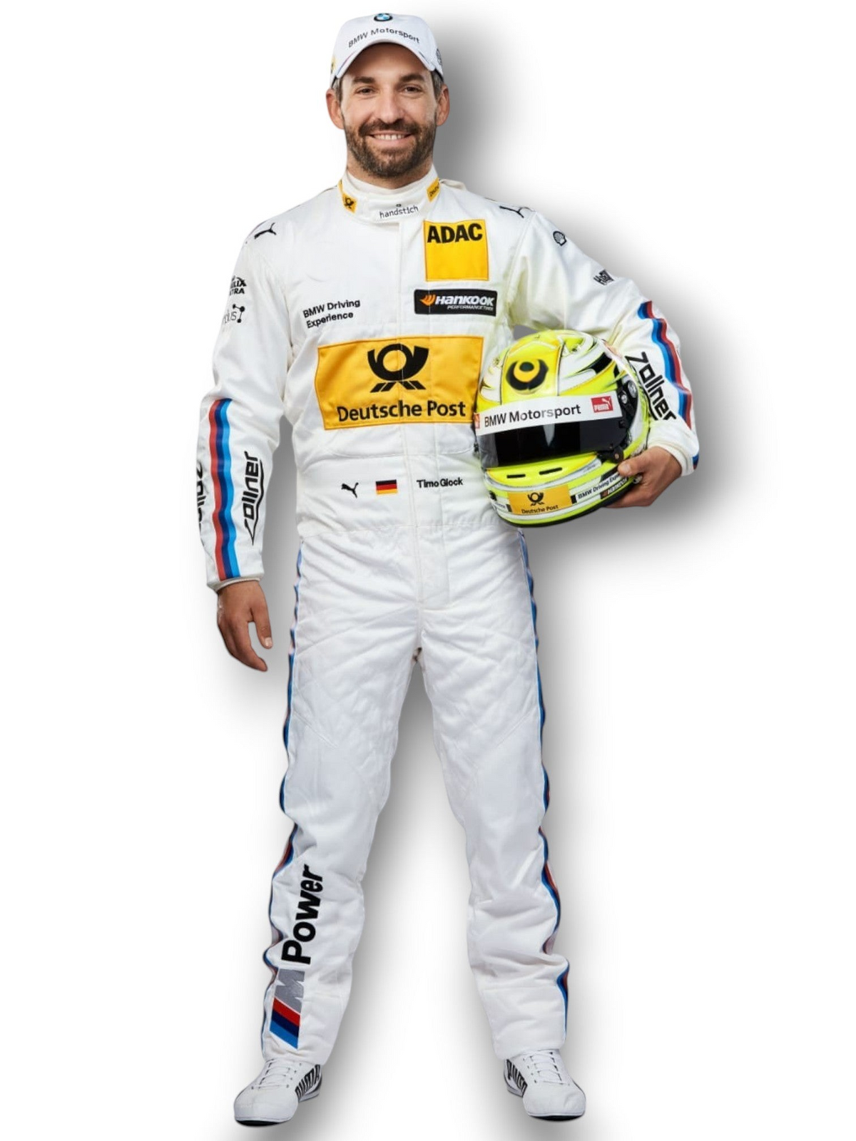 Dadio Racing Suits Timo Glock 2017 BMW Motorsport replica racing suit in white with sponsor logos and matching helmet